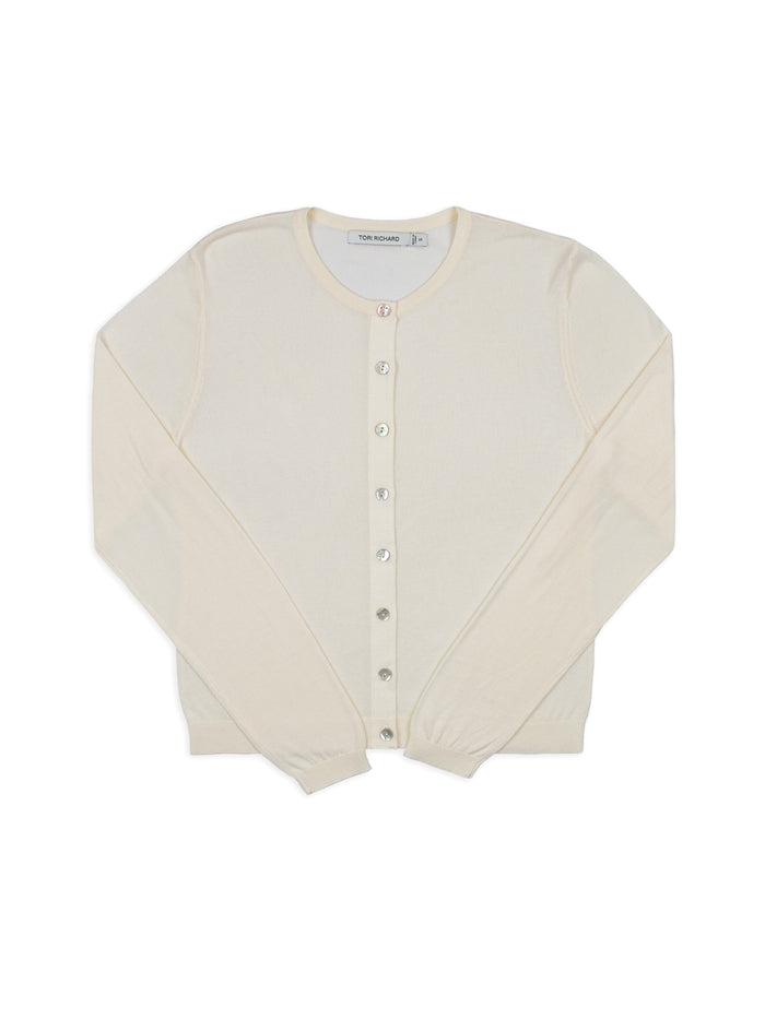 Cream long-sleeve cardigan, flat lay on white background.