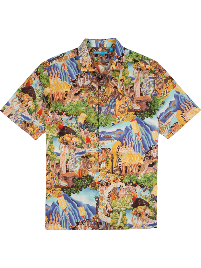 Image 1: Multicolor hula dancer print short-sleeve Hawaiian shirt. Image 2: Vibrant Art Deco hula print Hawaiian shirt.