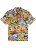 Image 1: Multicolor hula dancer print short-sleeve Hawaiian shirt. Image 2: Vibrant Art Deco hula print Hawaiian shirt.