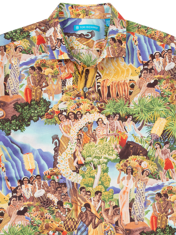 Image 1: Front of multicolor Art Deco Hawaii celebration print short-sleeve shirt. Image 2: Back view.