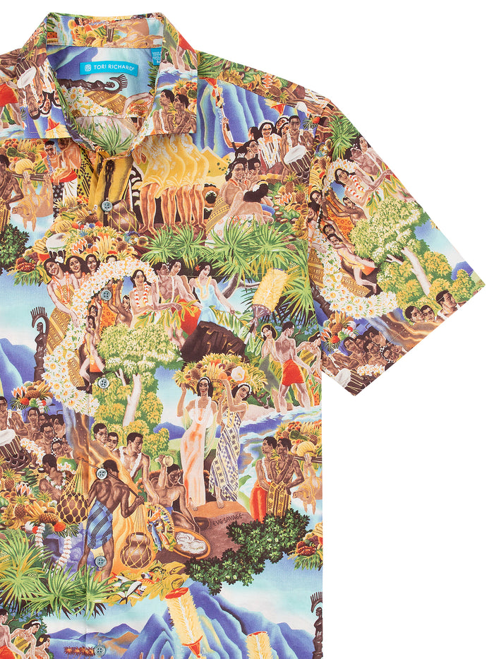 White Hawaiian shirt with vibrant multicolor mural-inspired print, short sleeves, front view (appears in both images).