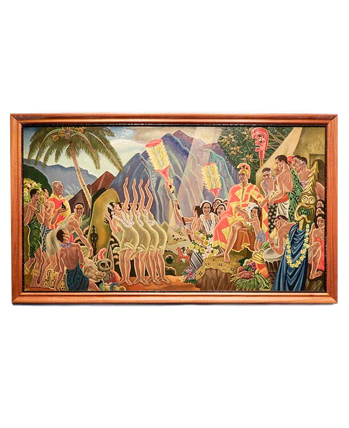 Two multicolor Art Deco-style framed paintings: royal court scene with dancers, mountains, front view.