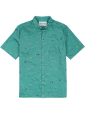 Teal cotton-tencel poplin shirt with small people and surfboard print, front and back views.