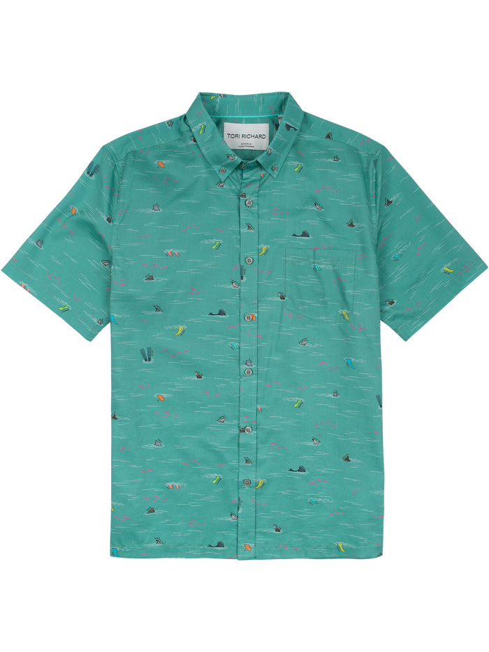 Teal cotton-tencel poplin shirt with small people and surfboard print, front and back views.
