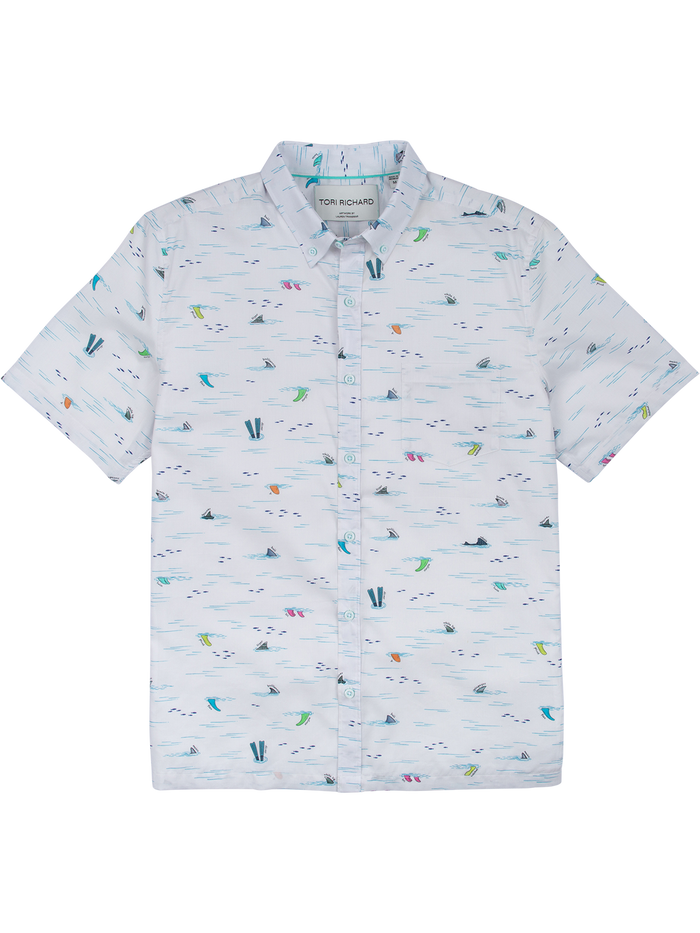 White short-sleeve shirt, colorful windsurfing print/pattern, cotton-tencel, button-up, front view.
