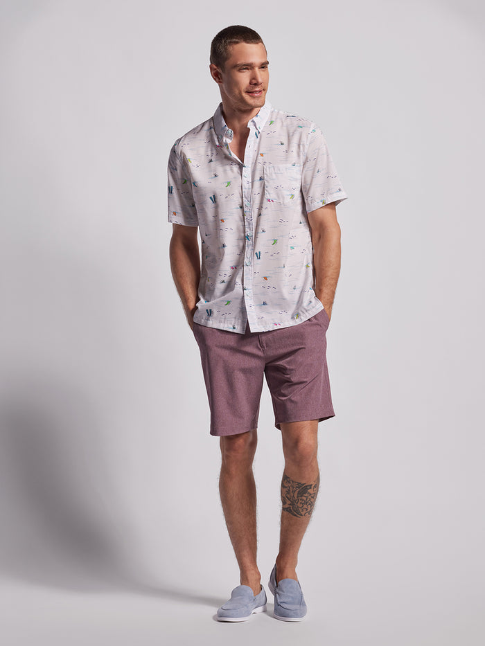 Blue and white Hawaii-print short-sleeve shirt, maroon shorts, slip-ons, front view (Images 1 and 2).