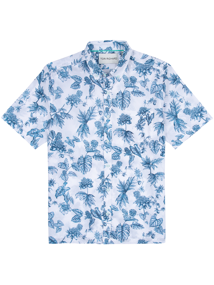 White short-sleeve poplin shirt with blue floral and leaf print, front view (Images 1 & 2).