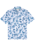 White short-sleeve poplin shirt with blue floral and leaf print, front view (Images 1 & 2).