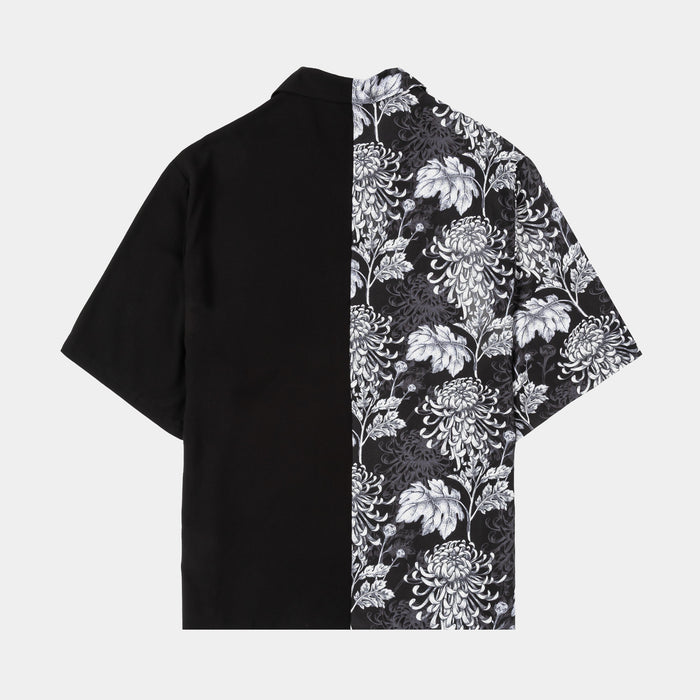 Floral Split Button Up Mens Short Sleeve Shirt (Black/Grey)