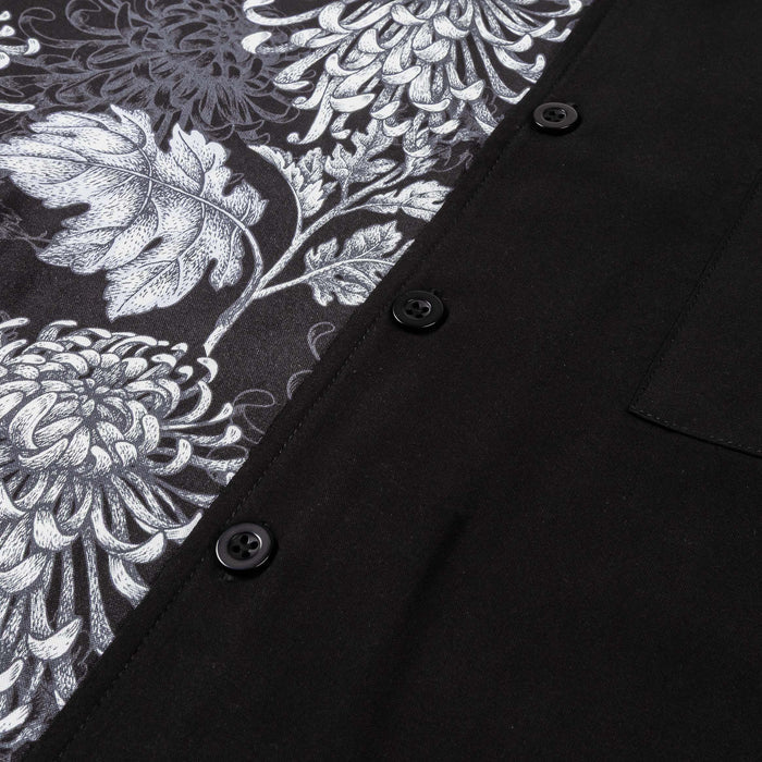 Floral Split Button Up Mens Short Sleeve Shirt (Black/Grey)
