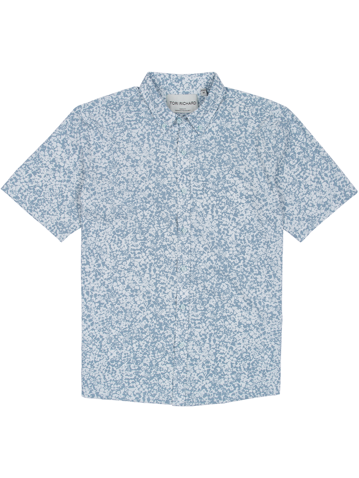 Light blue shirt with white floral print, short sleeves, button-up; shown from front and angled views.