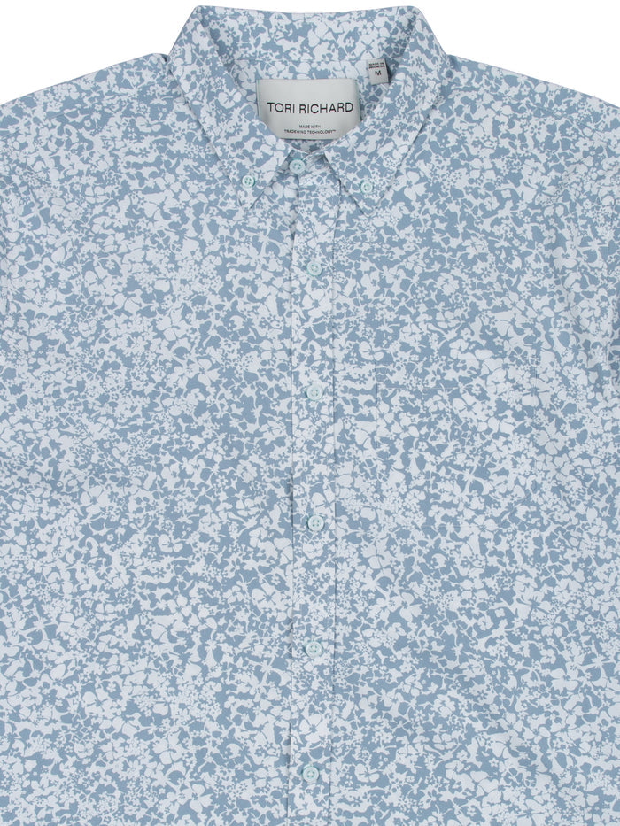 Light blue and white floral-print short-sleeve shirt, front and back views.