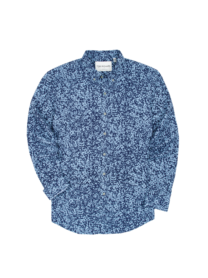 Blue, white-speckled, wrinkle-resistant long-sleeve shirt, front view.