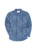Blue, white-speckled, wrinkle-resistant long-sleeve shirt, front view.