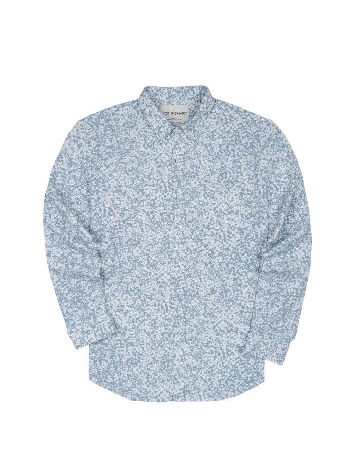 Light blue and white floral-print long-sleeve shirt, front view, moisture-wicking fabric.
