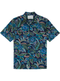 Navy cotton short-sleeve shirt with blue, green, and red tropical leaves prints, flat lay front view.