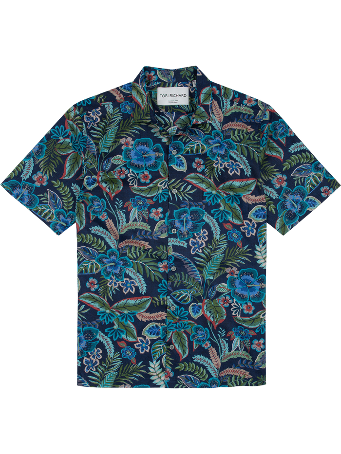 Navy cotton short-sleeve shirt with blue, green, and red tropical leaves prints, flat lay front view.