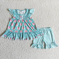 Flutter sleeve Flowers Tunic Top Stripes Ruffles Shorts Girls Summer Outfits B9-10