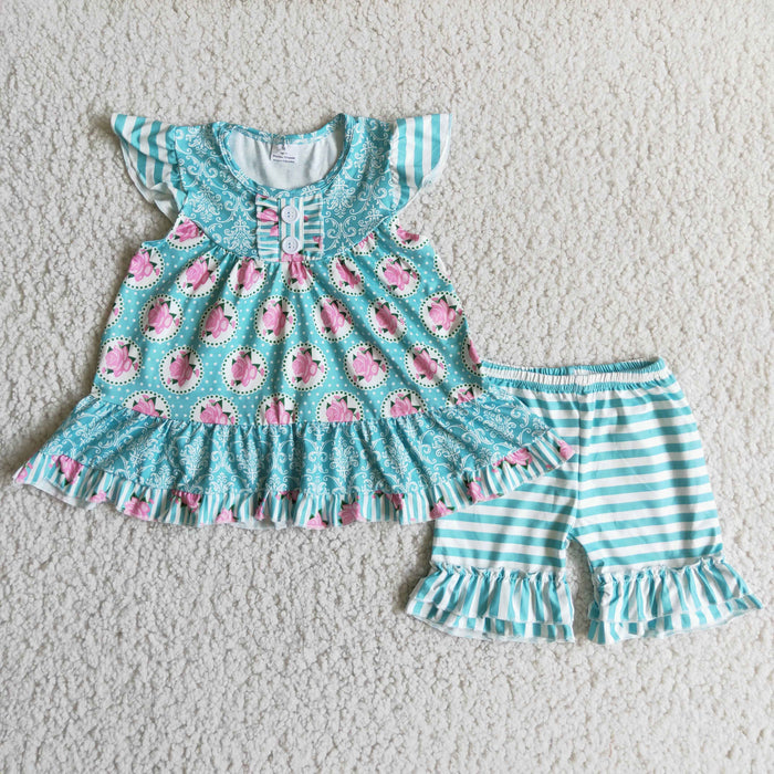 Flutter sleeve Flowers Tunic Top Stripes Ruffles Shorts Girls Summer Outfits B9-10