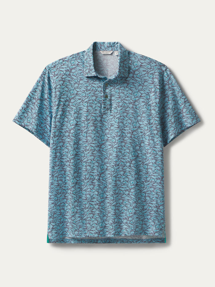 Blue island fish-print polo shirt, three buttons, relaxed fit, front view.