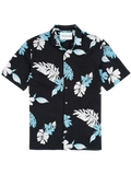 Black shirt, white/blue tropical print, short sleeves, front view, button-down, angle.