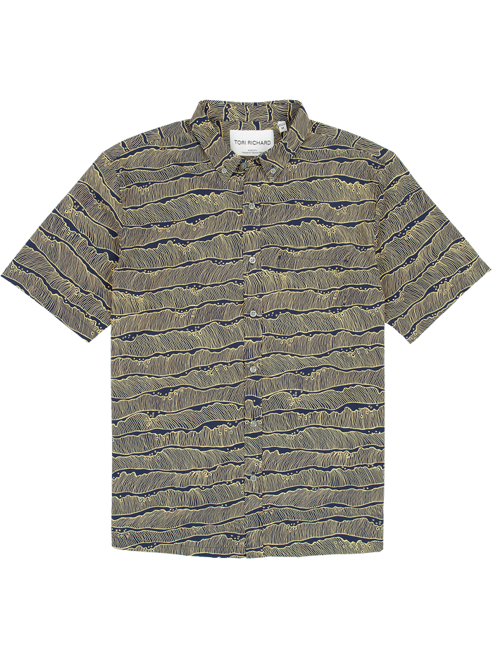 Blue and tan wavy-print moisture-wicking short-sleeve button-up shirt, flat lay view.