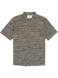 Blue and tan wavy-print moisture-wicking short-sleeve button-up shirt, flat lay view.