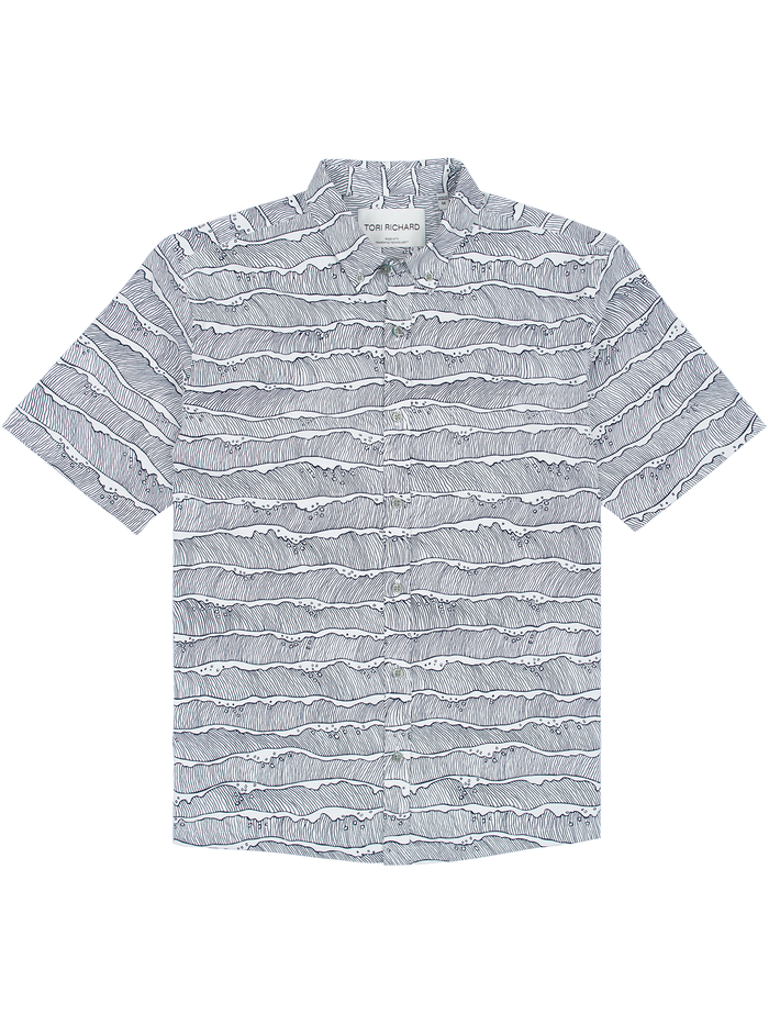 Black-and-white striped short-sleeve button-up shirt, front view, features cooling technology.