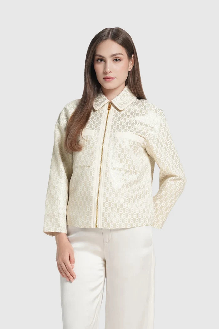 freya jacquard jacket in champagne gold by buttonscarves front view