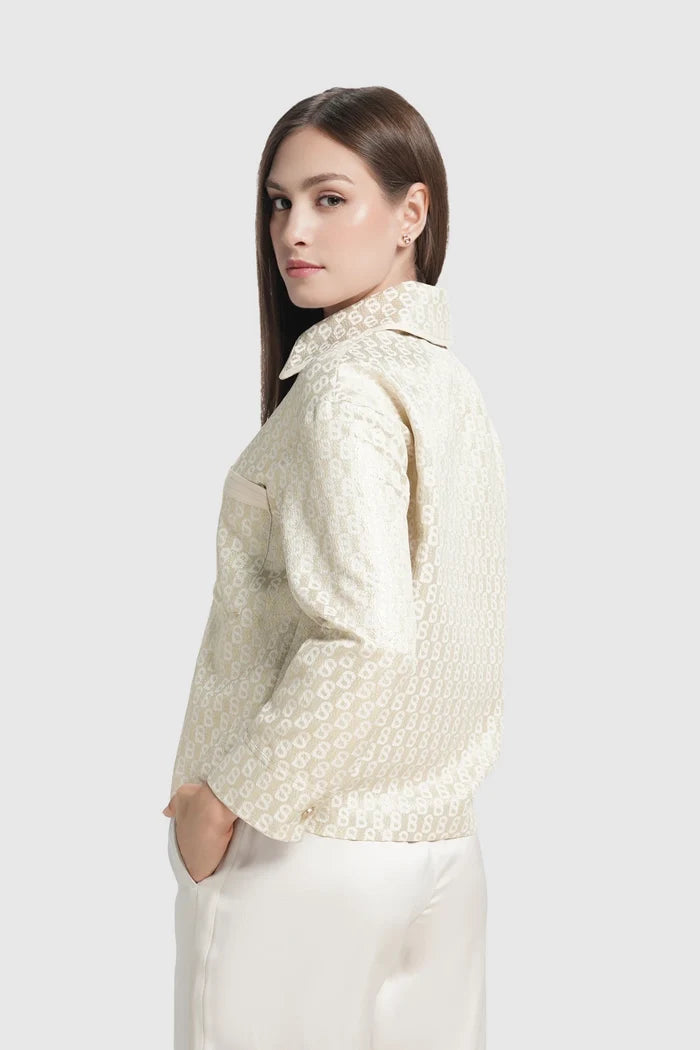 freya jacquard jacket in champagne gold by buttonscarves back view