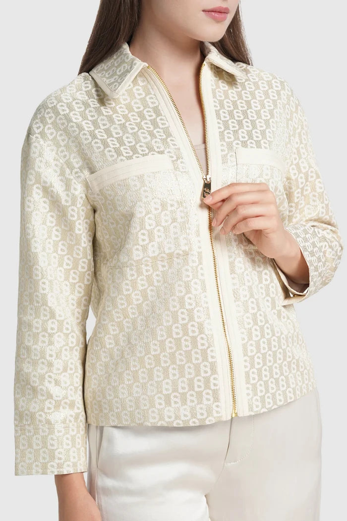 freya jacquard jacket in champagne gold by buttonscarves detail close-up