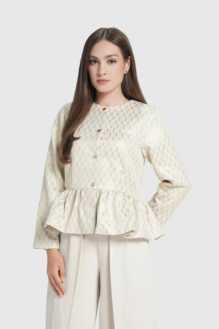 freya jacquard outer in champagne gold by buttonscarves front view