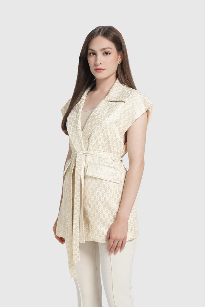 freya jacquard vest in champagne gold by buttonscarves front view
