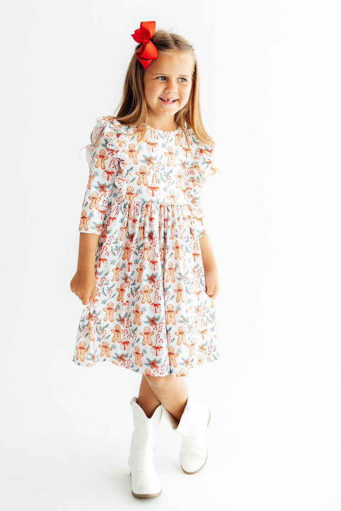Gingerbread Lane 3/4 Sleeve Ruffle Twirl Dress-Mila & Rose ®