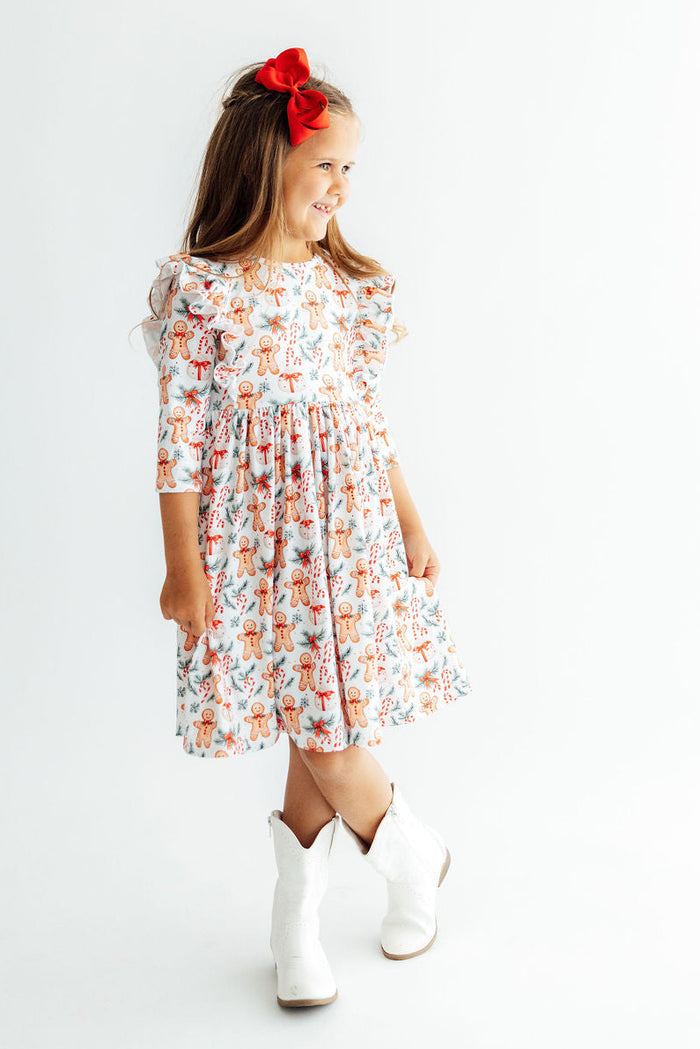 Gingerbread Lane 3/4 Sleeve Ruffle Twirl Dress-Mila & Rose ®