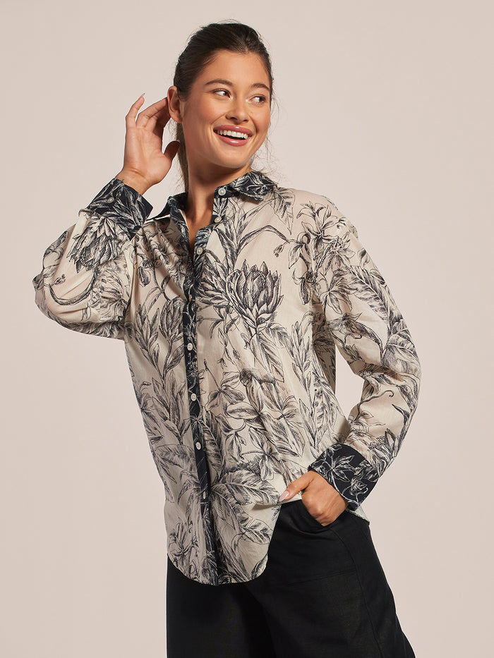 White cotton voile oversized top with long sleeves, front view.