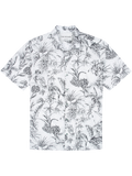 Black and gray floral-print cotton Hawaiian shirt, full front view on white background.