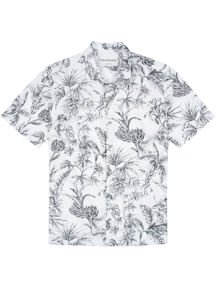 Black and gray floral-print cotton Hawaiian shirt, full front view on white background.