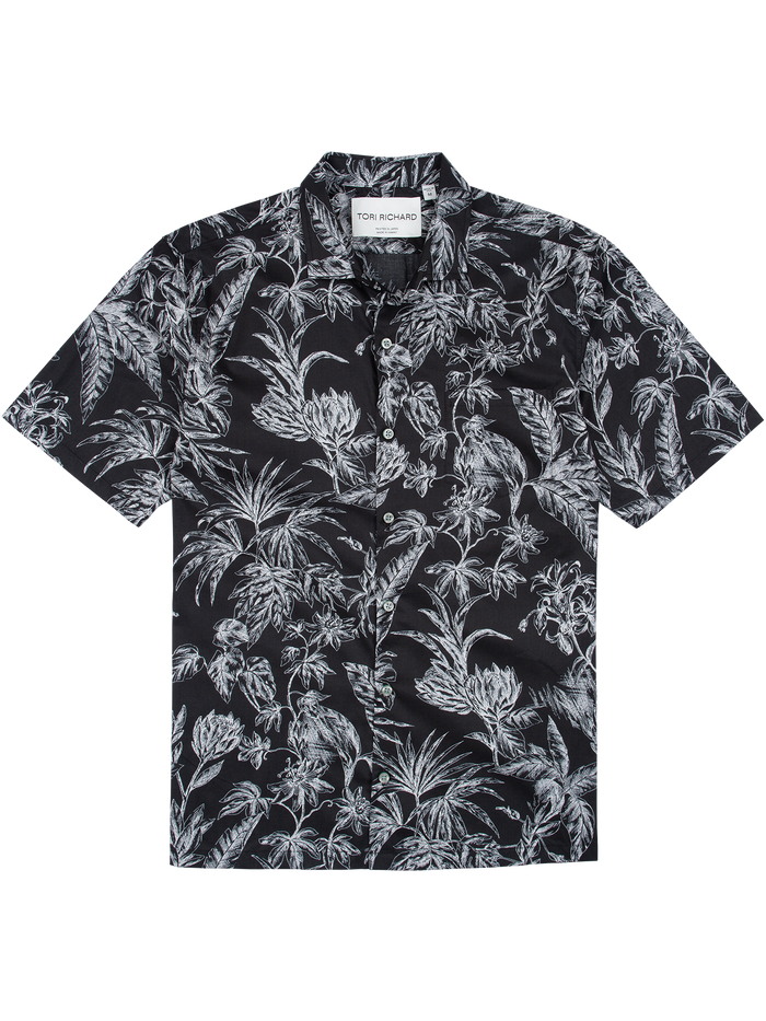 Black short-sleeve Hawaiian shirts with white floral prints, shown flat on a white background.