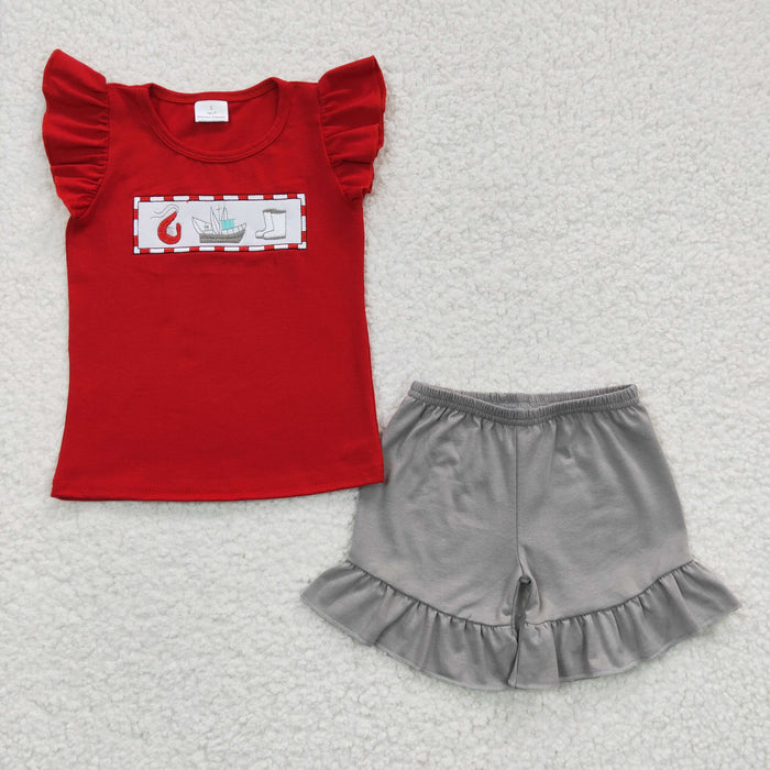 Girls steamship print embroidery summer outfits  GSSO0161