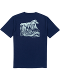 Navy blue T-shirt with white Japanese-inspired wave graphic on back, rear view.