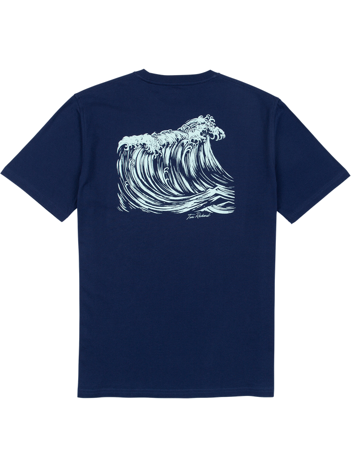 Navy blue T-shirt with white Japanese-inspired wave graphic on back, rear view.