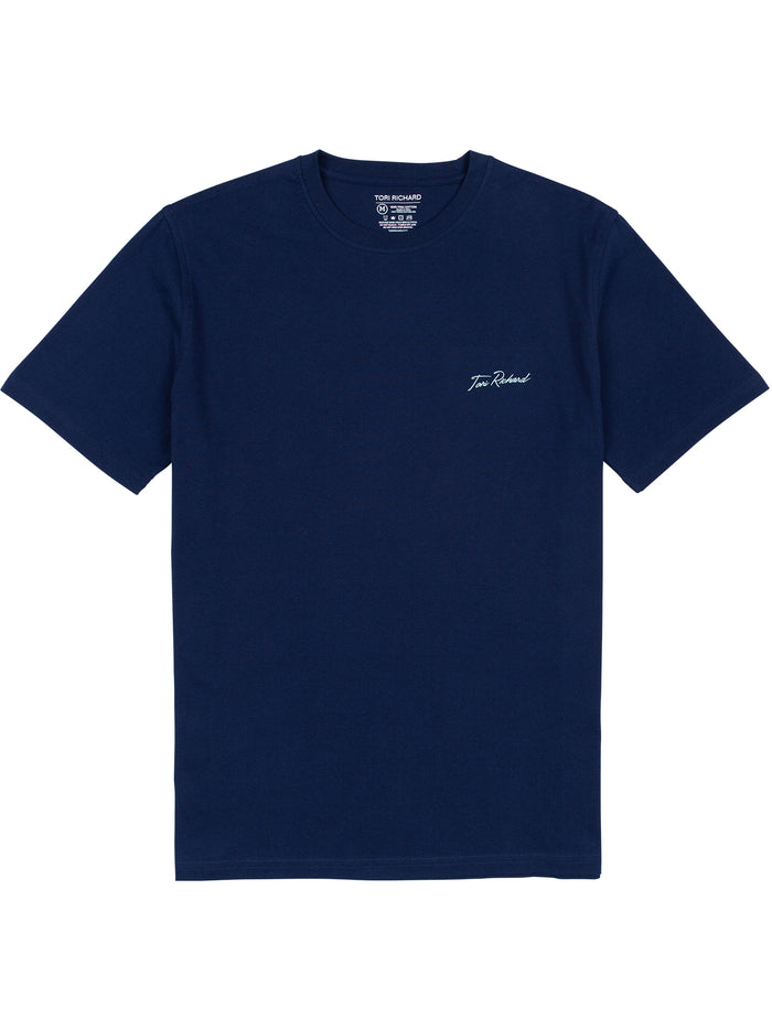{{Navy short-sleeve t-shirt, small white logo and wave graphic on left chest, front view}}{{/AltText}}.