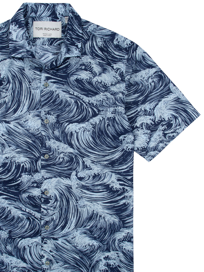 Navy and white wave-print short-sleeve button-up shirt, front view.