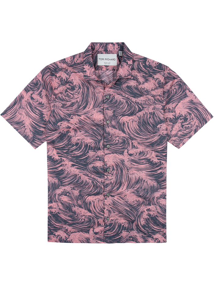 Pink and navy wave-print short-sleeve button-up shirt with Tori Richard label in collar.