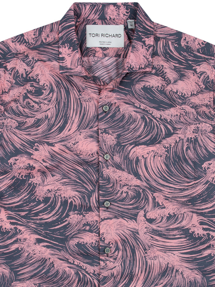 Pink and navy wave-print button-up shirt, front view showing Tori Richard collar label.