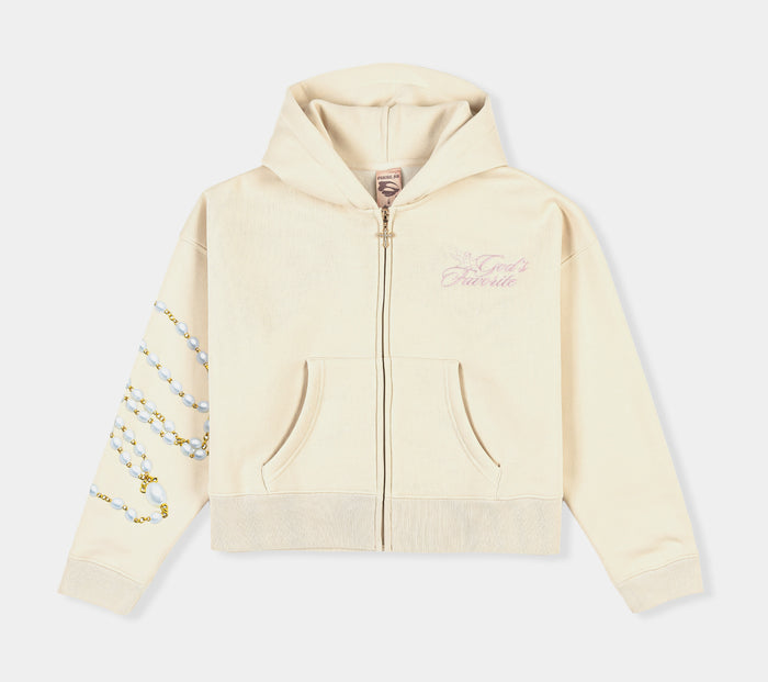 God's Favorite Fleece Cropped Zip Up Womens Hoodie (Cream/Pink)