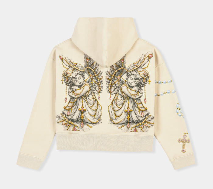 God's Favorite Fleece Cropped Zip Up Womens Hoodie (Cream/Pink)