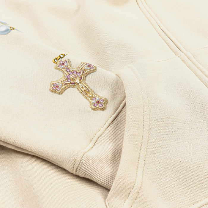 God's Favorite Fleece Cropped Zip Up Womens Hoodie (Cream/Pink)