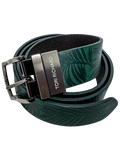 Dark green leaf-pattern Italian leather reversible belt with zinc buckle and silver Tori Richard label, front view.